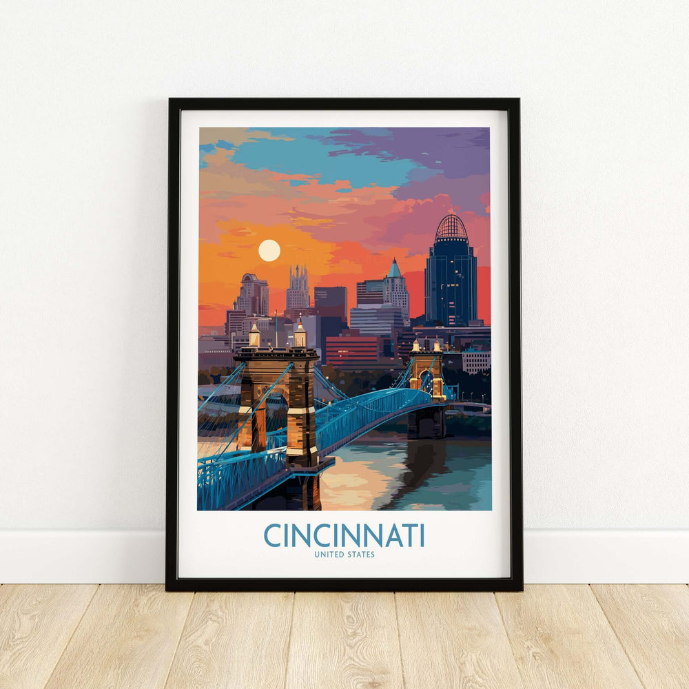 Cincinnati downtown cityscape print featuring the iconic skyline and bridge at sunset, perfect Ohio travel decor.