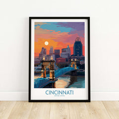 Cincinnati Ohio Downtown Cityscape Print - Ohio Travel Decor featuring a colorful sunset and city skyline.