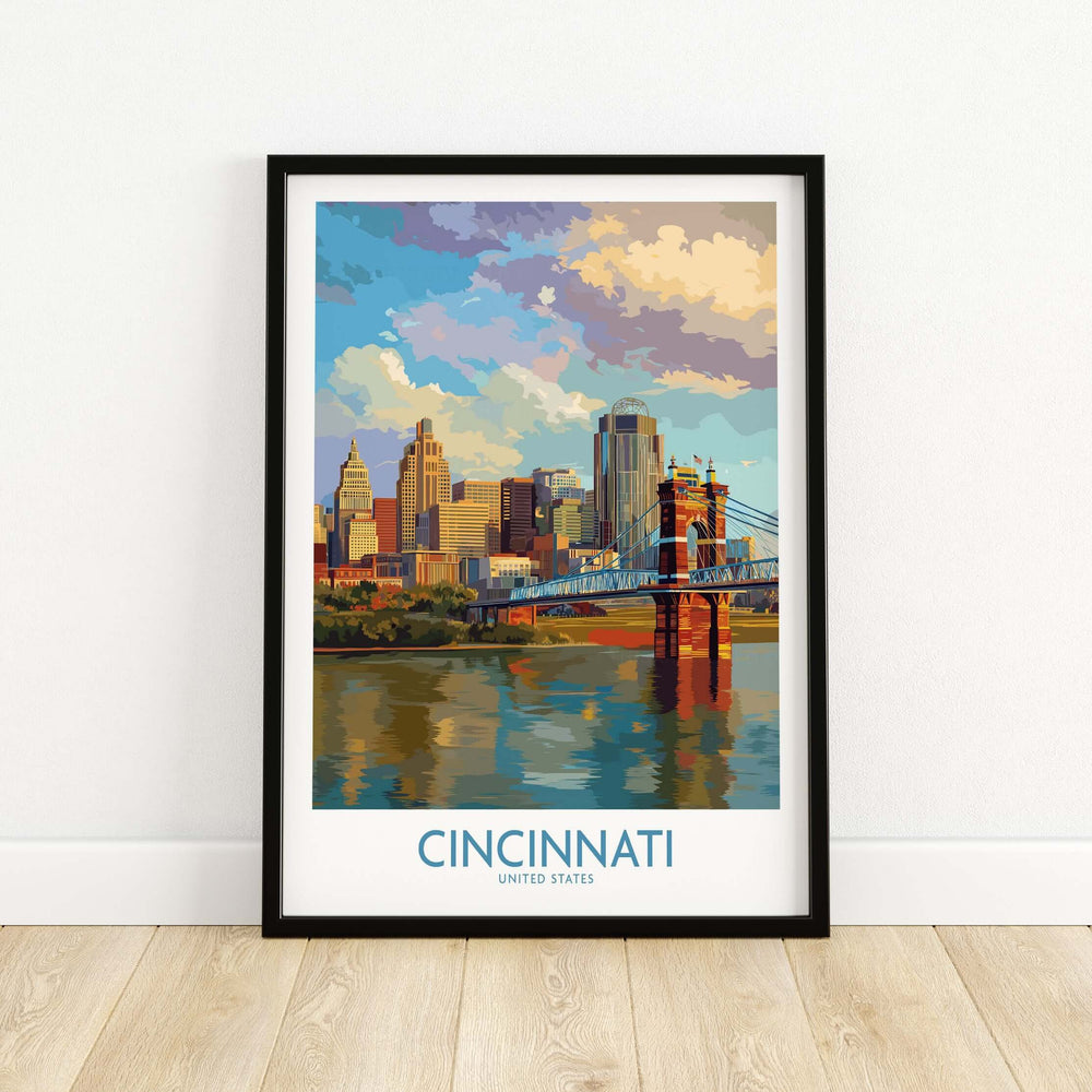Cincinnati Riverfront cityscape poster showcasing colorful skyline and bridge, perfect Ohio wall art.