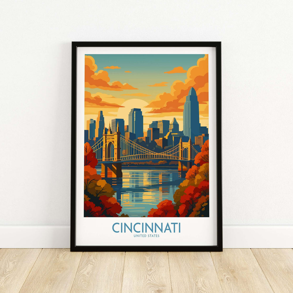 Cincinnati skyline print featuring autumn colors and bridge over river, perfect fall home decor.