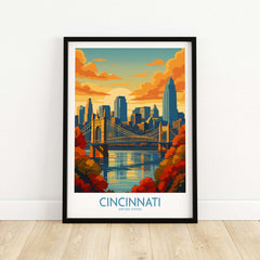 Cincinnati Skyline Print - Ohio Autumn Cityscape Decor showcasing vibrant fall colors in a framed artwork.