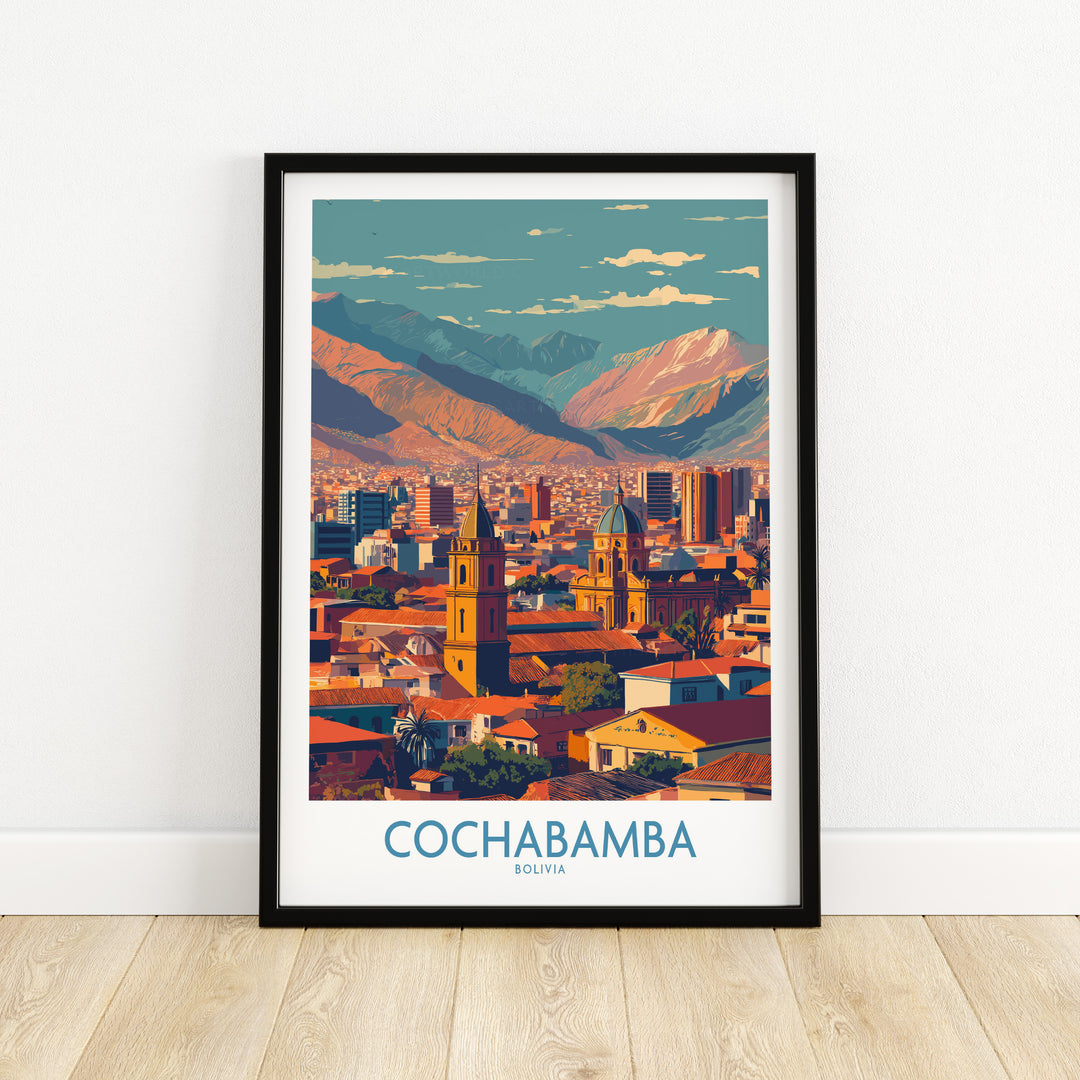 Cochabamba Bolivia downtown wall art print showcasing cityscape and mountains in vibrant colors.