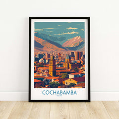 Cochabamba Bolivia Downtown Bolivia Wall Art - City & Mountain View Print showcasing urban life and mountains.