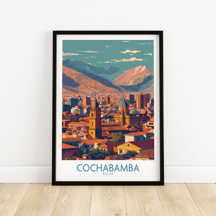 Cochabamba Bolivia downtown wall art print showcasing cityscape and mountains in vibrant colors.