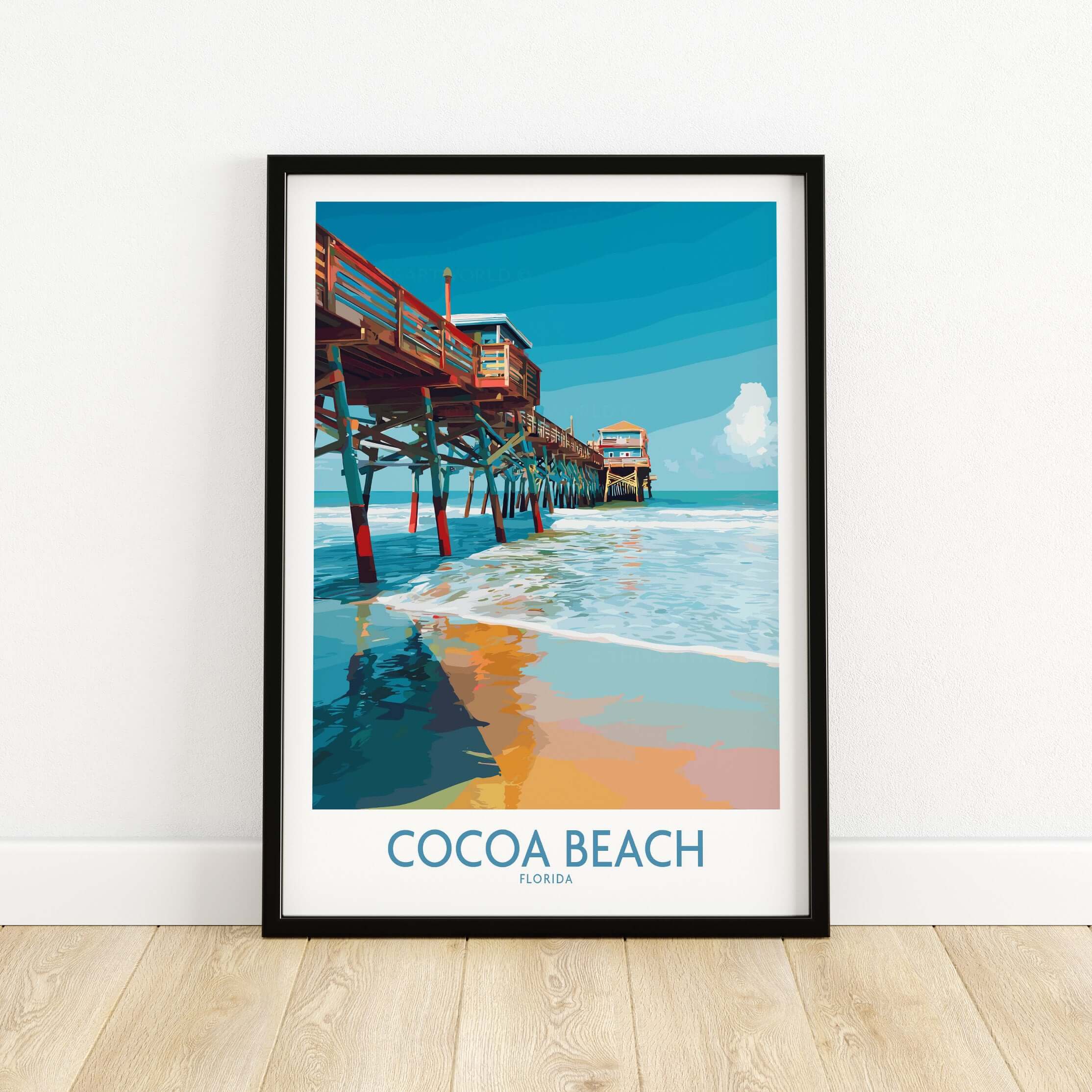 Cocoa Beach Pier Poster - Florida Beach Travel Decor showcasing colorful pier and ocean waves in vibrant design.
