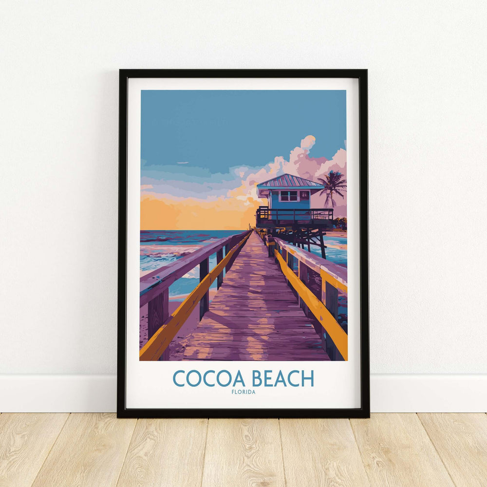 Cocoa Beach Florida wooden pier poster showcasing vibrant sunset colors and serene ocean view.