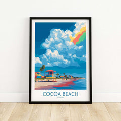 Cocoa Beach Rainbow Cloud Poster - Florida Travel Decor featuring vibrant clouds and a colorful beach scene.