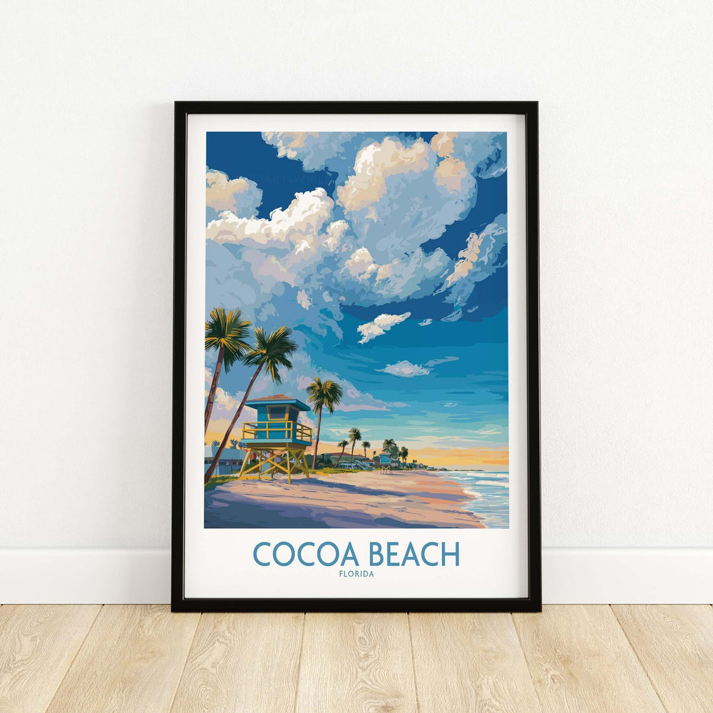Cocoa Beach Florida oceanfront landscape print with vibrant skies and palm trees, perfect for coastal decor.