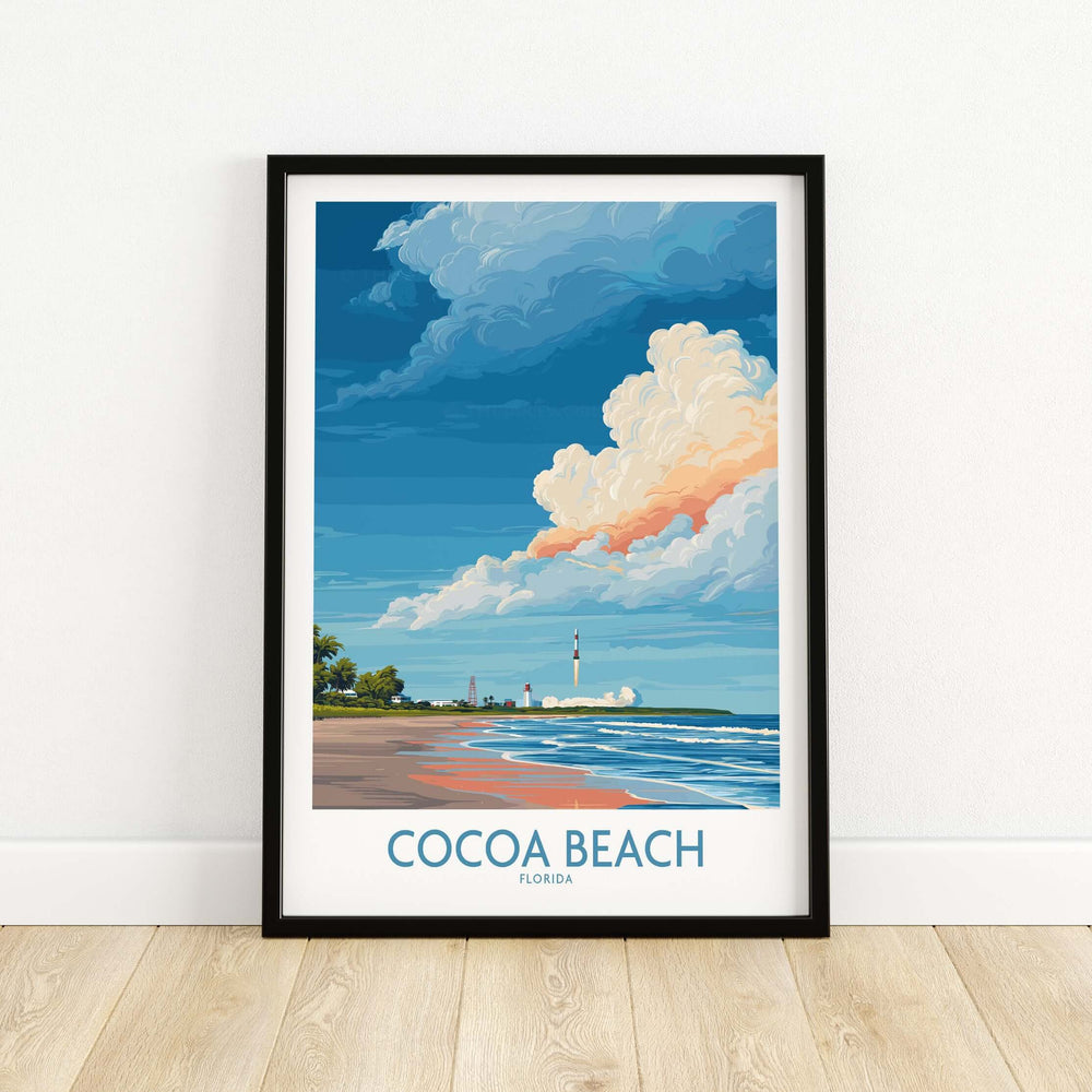 Cocoa Beach Kennedy Space Center poster with ocean view and colorful clouds, Florida wall art decor.
