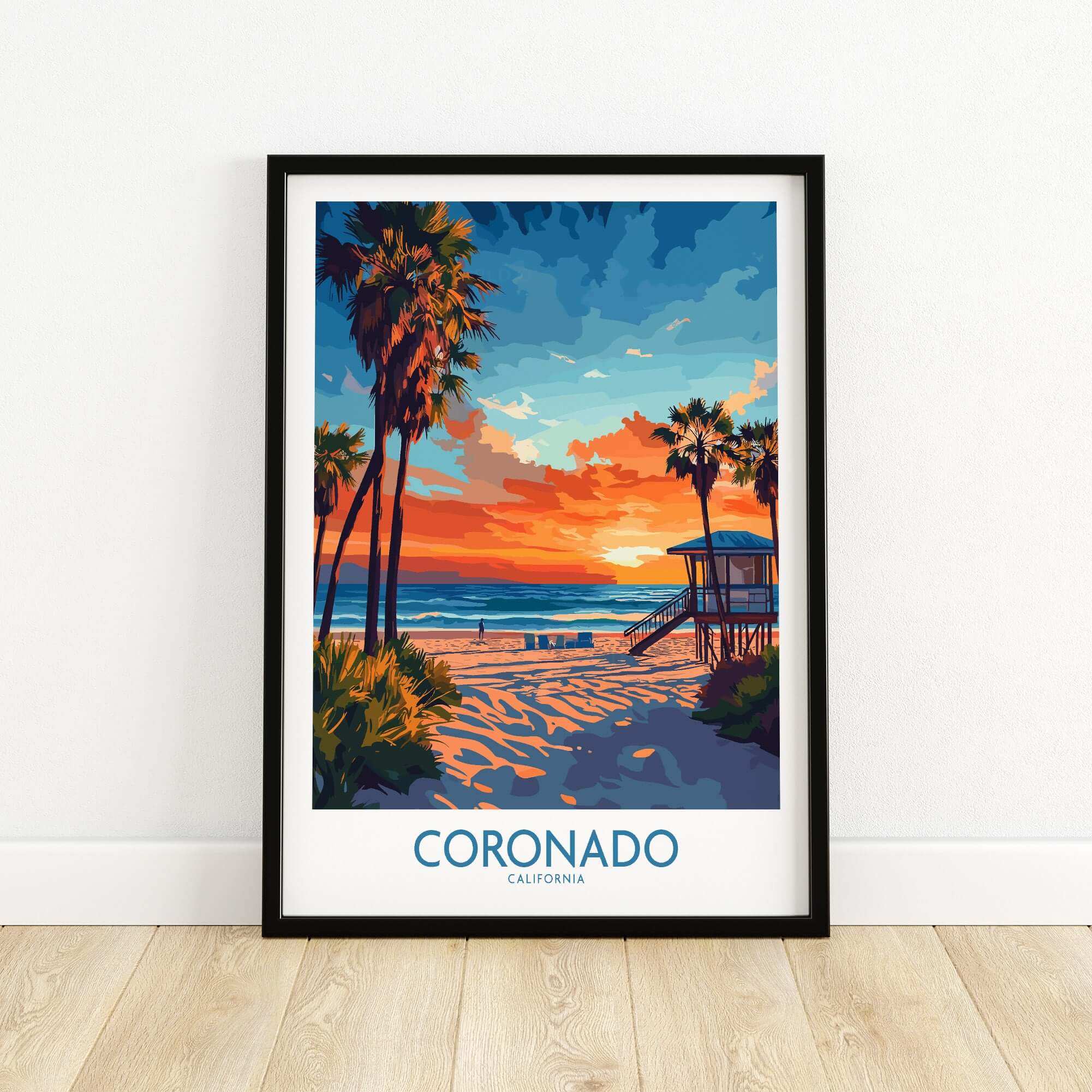 Coronado Print California showcasing vibrant beach sunset with palm trees in a framed artwork.