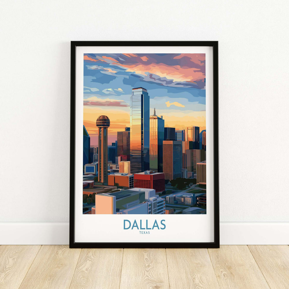 Dallas Texas sunset skyline wall art, vibrant colors, modern city decor for travel enthusiasts.