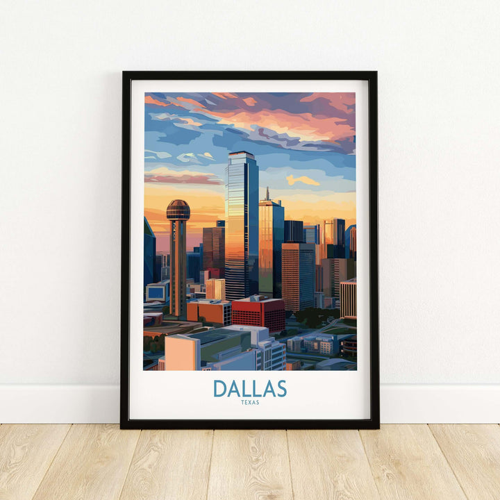 Dallas Texas sunset skyline wall art, vibrant colors, modern city decor for travel enthusiasts.