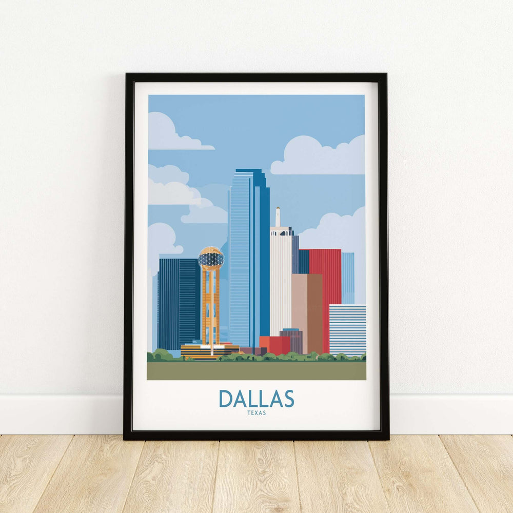 Dallas cityscape poster art featuring a vibrant skyline and iconic structures, perfect for Texas travel decor.