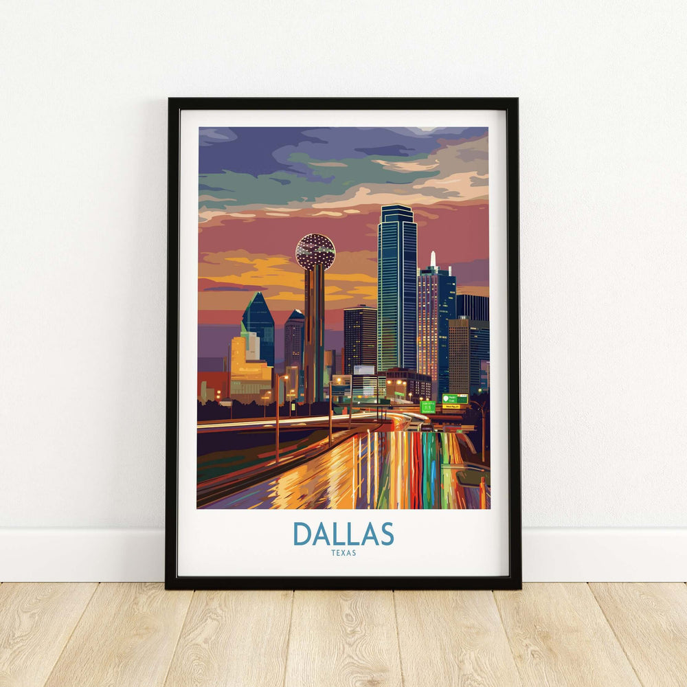 Dallas Downtown at Dusk wall art showing vibrant skyline and city lights, perfect for Texas urban decor.