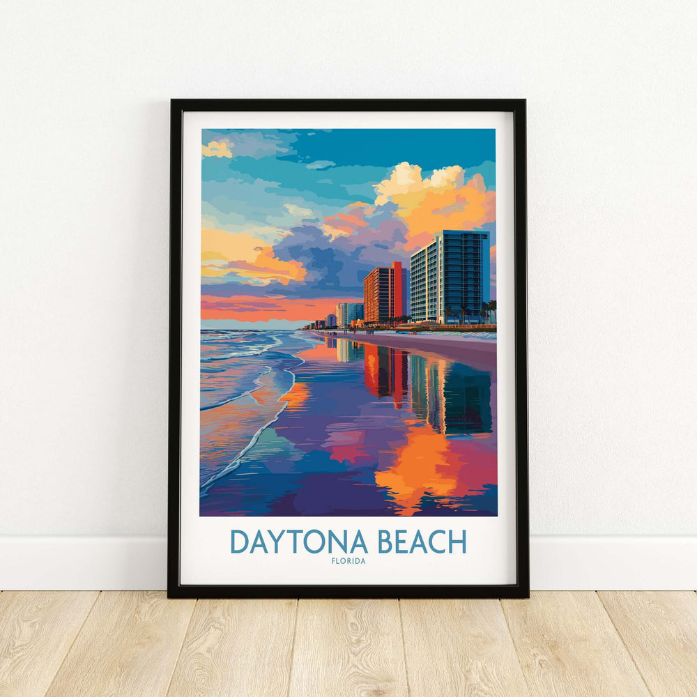 Daytona Beach Florida Oceanfront Reflections Poster showcasing vibrant coastal colors and serene reflections on water.