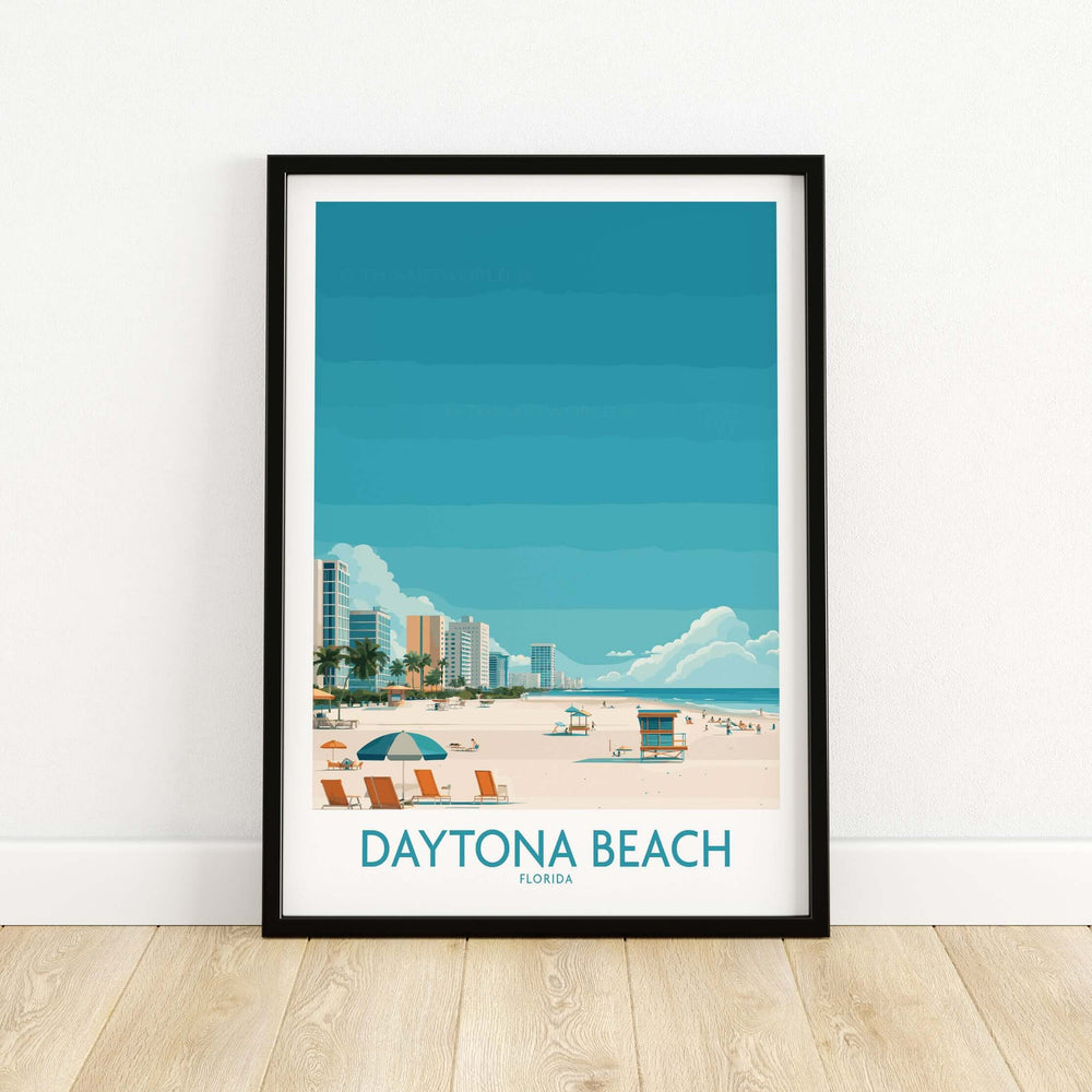 Daytona Beach Tropical Beachfront Poster showcasing vibrant blue skies and beach scene for Florida vacation decor.