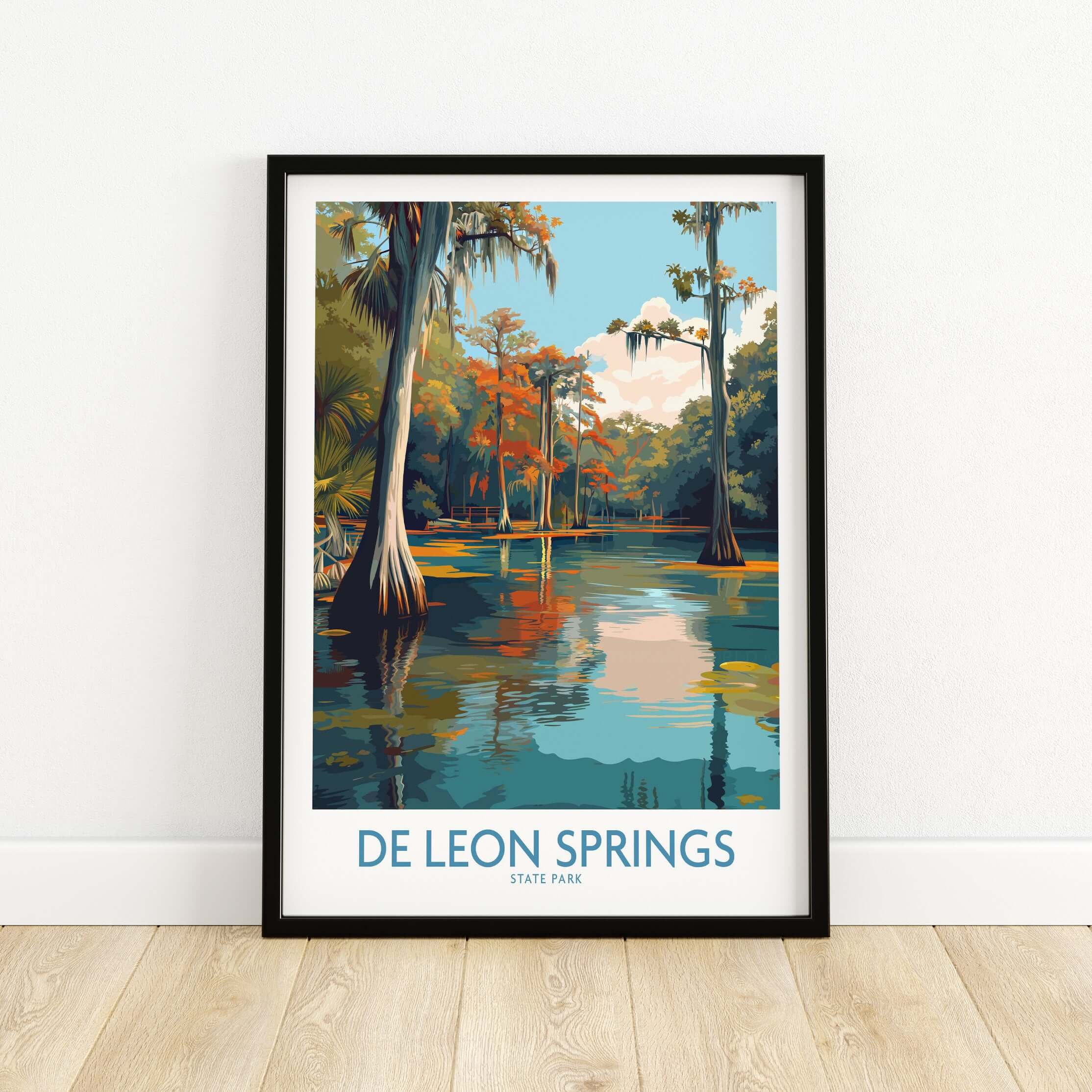 De Leon Springs Cypress Trees & Water Print - Florida Nature Decor framed artwork capturing serene cypress reflections.