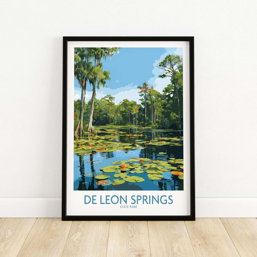 De Leon Springs Florida Green Lily Pond Poster showcasing serene waters and lush greenery, perfect for state park decor.