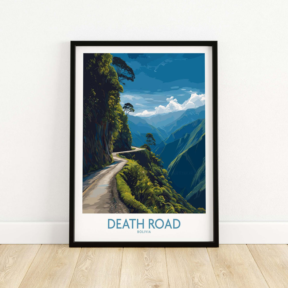 Death Road Bolivia Mountain Art Print | Yungas Camino Poster showcasing a breathtaking mountain view.