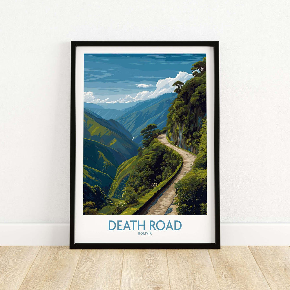 Death Road Bolivia Art Print | Yungas Road Poster featuring scenic views of rugged terrain in Bolivia.