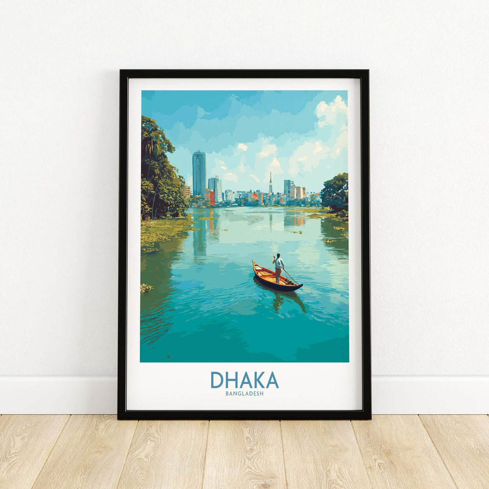 Vibrant Dhaka Buriganga River poster showcasing a serene cityscape with a boatman, perfect for urban decor.