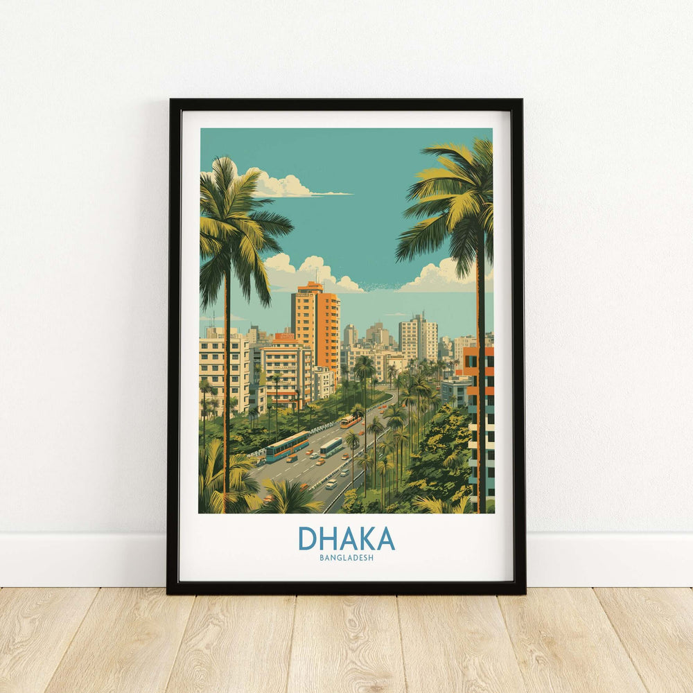 Dhaka cityscape wall art featuring vibrant buildings and palm trees, capturing urban Bangladesh's dynamic landscape.