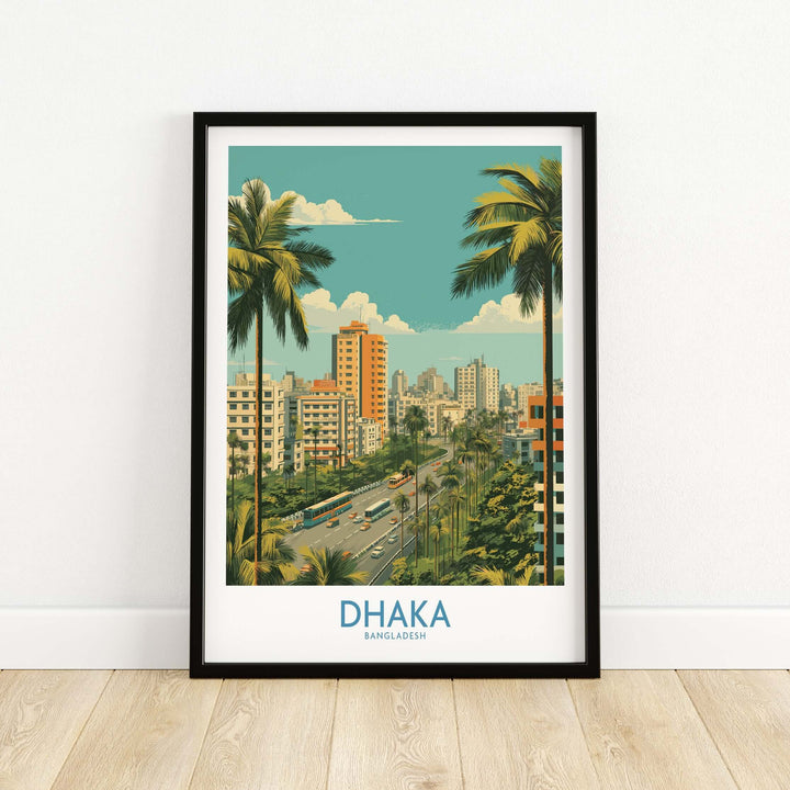 Dhaka cityscape wall art featuring vibrant buildings and palm trees, capturing urban Bangladesh's dynamic landscape.