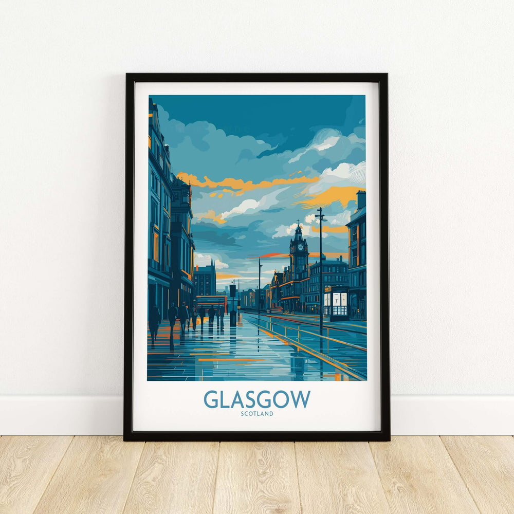 Glasgow cityscape poster featuring a vibrant urban scene with the iconic clock tower and dramatic sky.