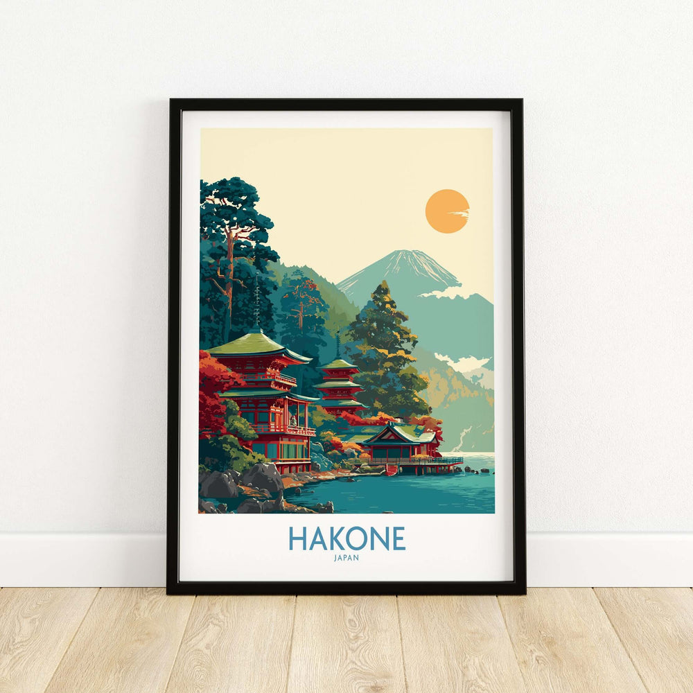 Beautiful Hakone Japan Lake Ashi temple print featuring a traditional pagoda and serene mountain backdrop.