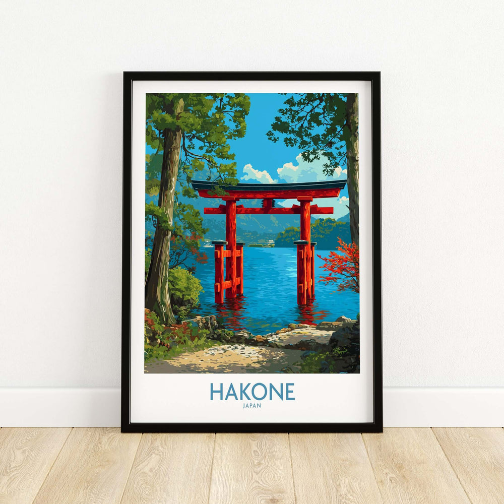 Framed print of Hakone's iconic Torii gate surrounded by serene lake and lush scenery, perfect Japanese decor.