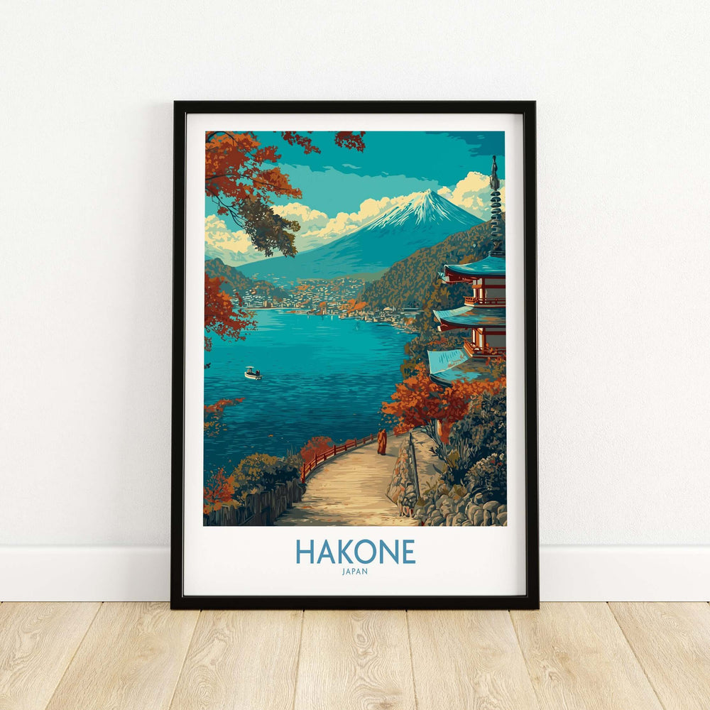 Lakeside temple wall art featuring peaceful waters and mountains in Hakone, Japan, ideal for nature-inspired decor.