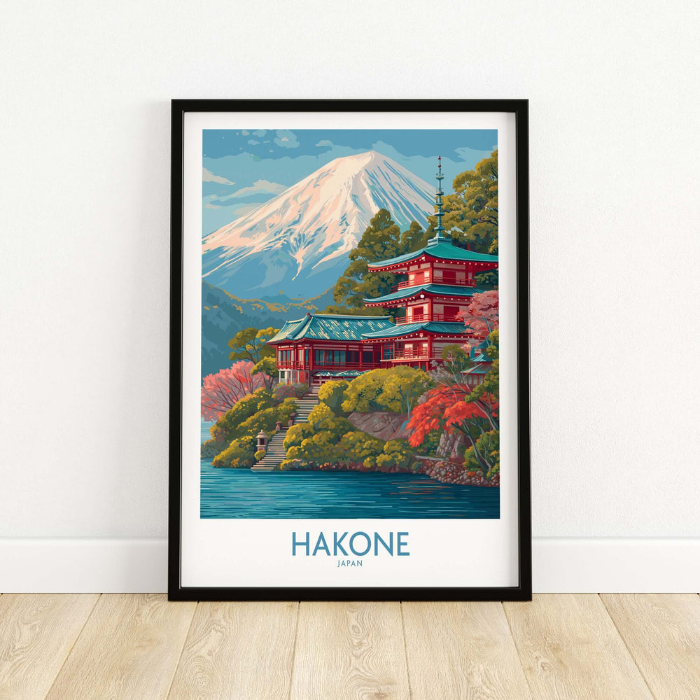 Framed wall art of Hakone, Japan featuring a scenic view of Mount Fuji and traditional architecture.