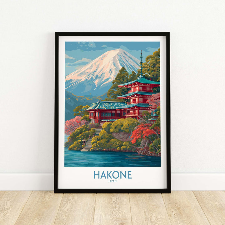 Framed wall art of Hakone, Japan featuring a scenic view of Mount Fuji and traditional architecture.