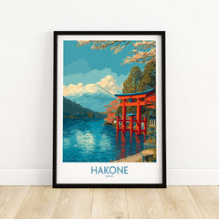 Hakone Wall Art Japan Red Torii Gate Poster showcasing a vibrant red Torii gate with mountains and serene water.