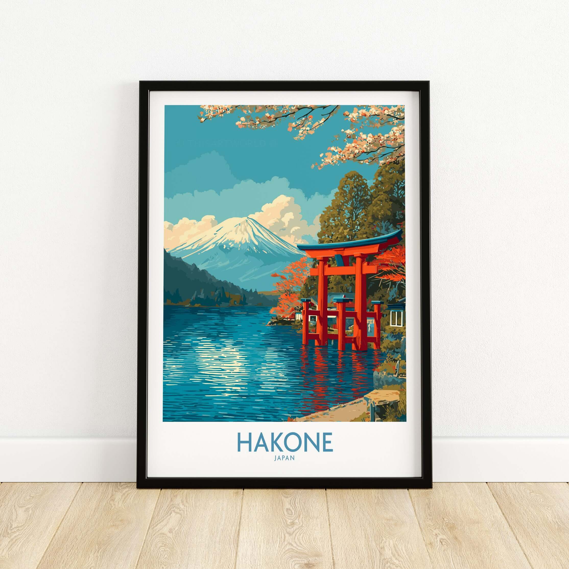 Hakone Wall Art Japan Red Torii Gate Poster showcasing a vibrant red Torii gate with mountains and serene water.