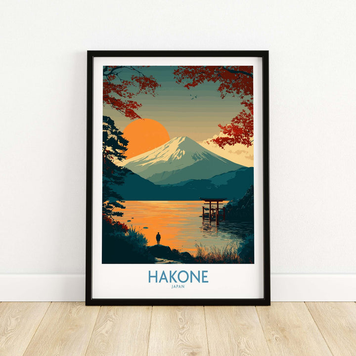 Framed wall art print of Hakone Japan, showcasing Lake Ashi with Mount Fuji and a sunset, reflecting Japanese culture.