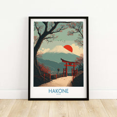 Hakone Japan Peace Gate Shrine Wall Art - Autumn Cherry Blossom Decor featuring a scenic view of Mount Fuji.