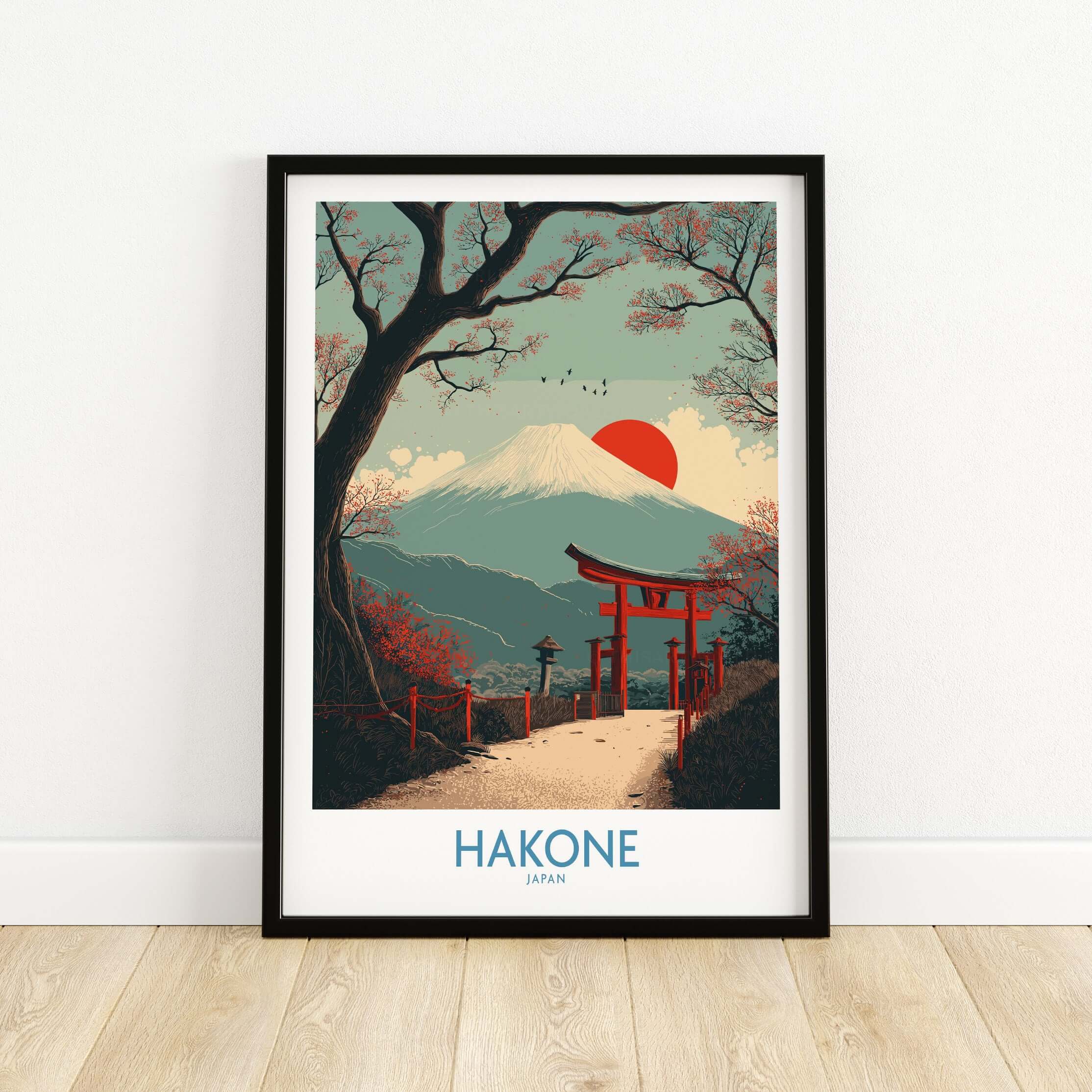Hakone Japan Peace Gate Shrine Wall Art - Autumn Cherry Blossom Decor featuring a scenic view of Mount Fuji.