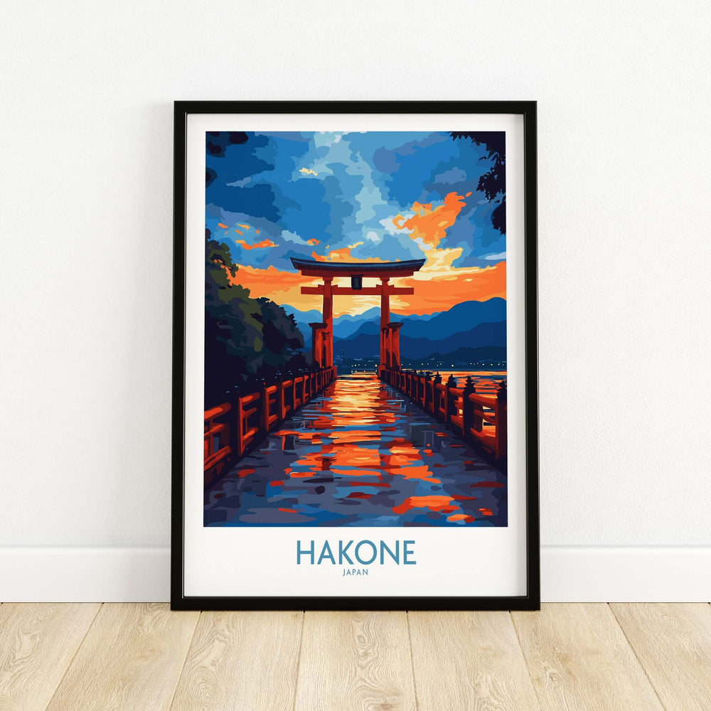 Colorful Hakone wall art featuring a torii gate and serene landscape, perfect for Japan travel decor.