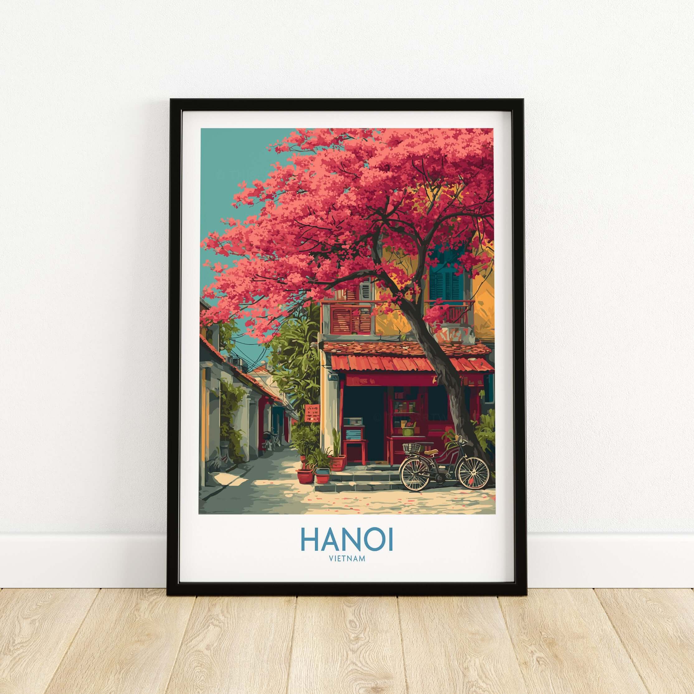 Hanoi Vietnam Poster - Historic Hanoi Scene Decor showcasing a vibrant street with cherry blossoms and classic architecture.