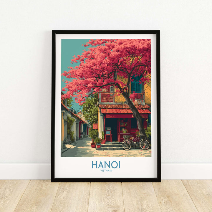 Hanoi Vietnam poster featuring vibrant pink flowers and historic architecture, perfect for home décor.