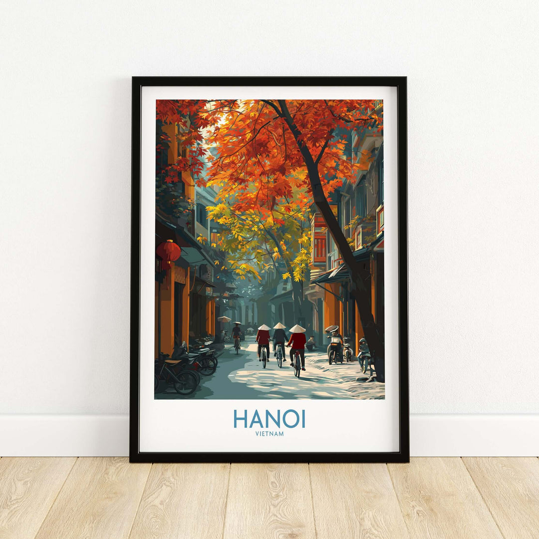 Hanoi wall art depicting vibrant streets in autumn, showcasing traditional Vietnamese life and culture.
