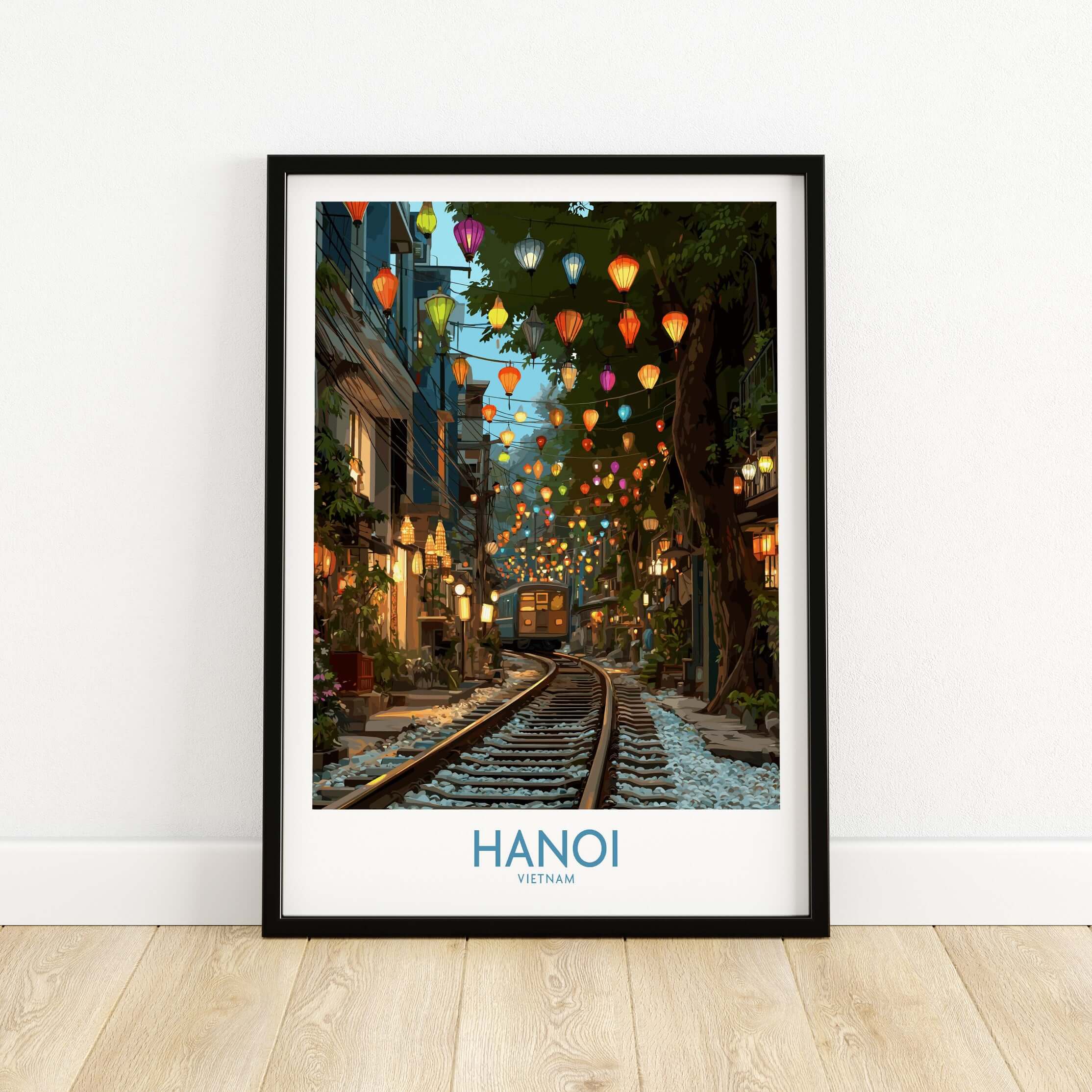 Hanoi Vietnam Train Street Wall Art - Hanoi Travel Print featuring colorful lanterns and a train on the tracks in Hanoi.