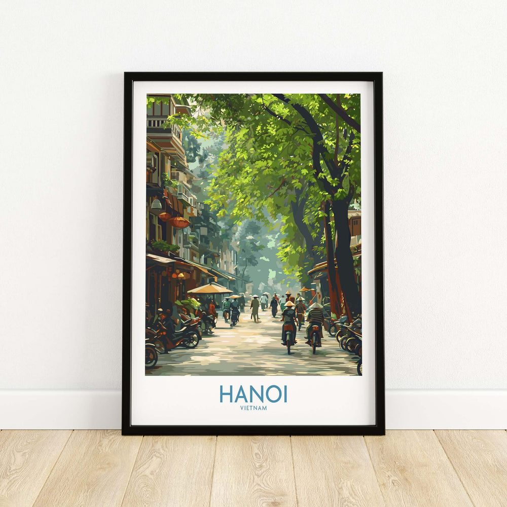 Vibrant Hanoi street wall art print showcasing bustling scene in Vietnam's capital for home décor.