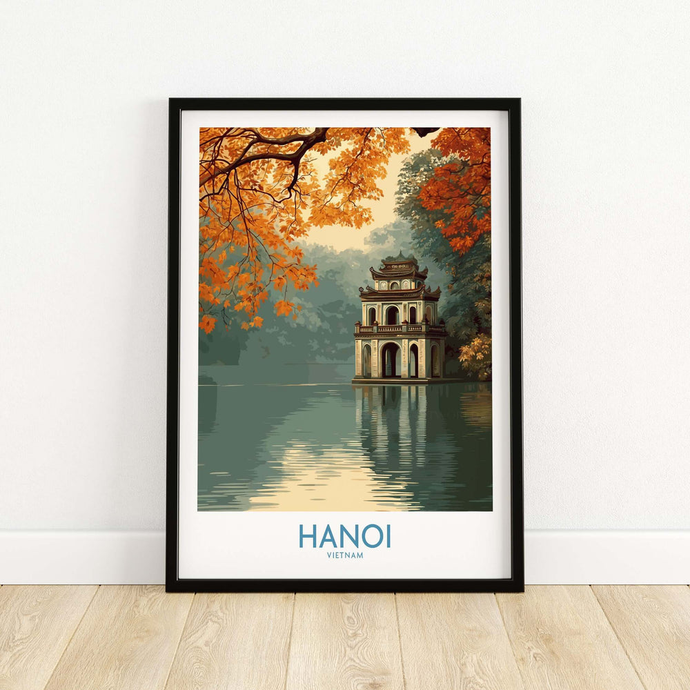 Hanoi Turtle Tower wall art, showcasing iconic Vietnamese landmark in autumn colors.