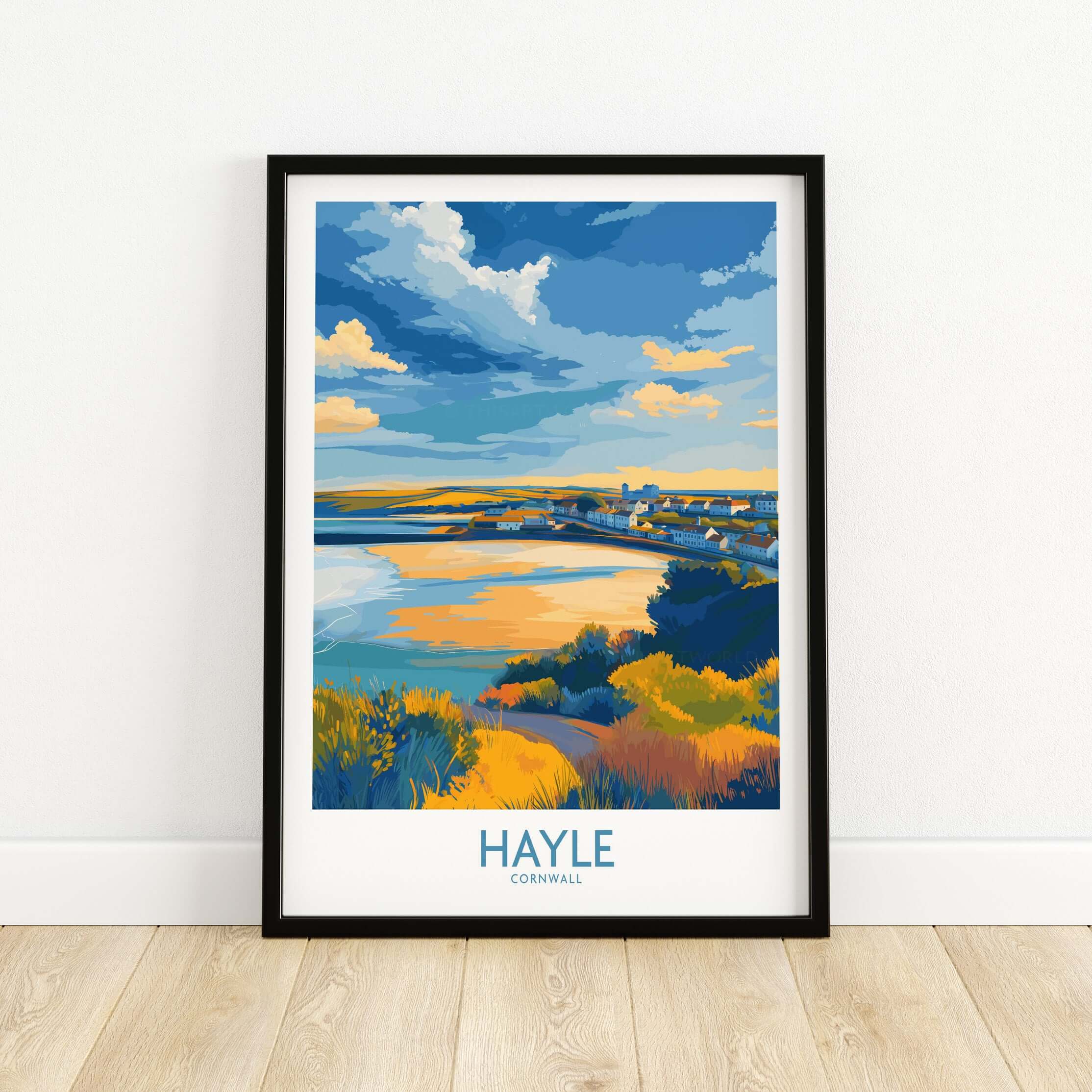 Hayle Estuary Panorama Wall Art - Cornish Travel Poster showcasing Cornwall's coastline in vibrant colors.