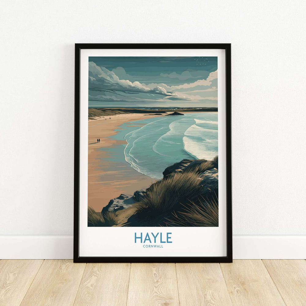 Hayle Sandy Beach poster showcasing Cornwall's coastline with tranquil waves and sandy shores, ideal for beach decor.