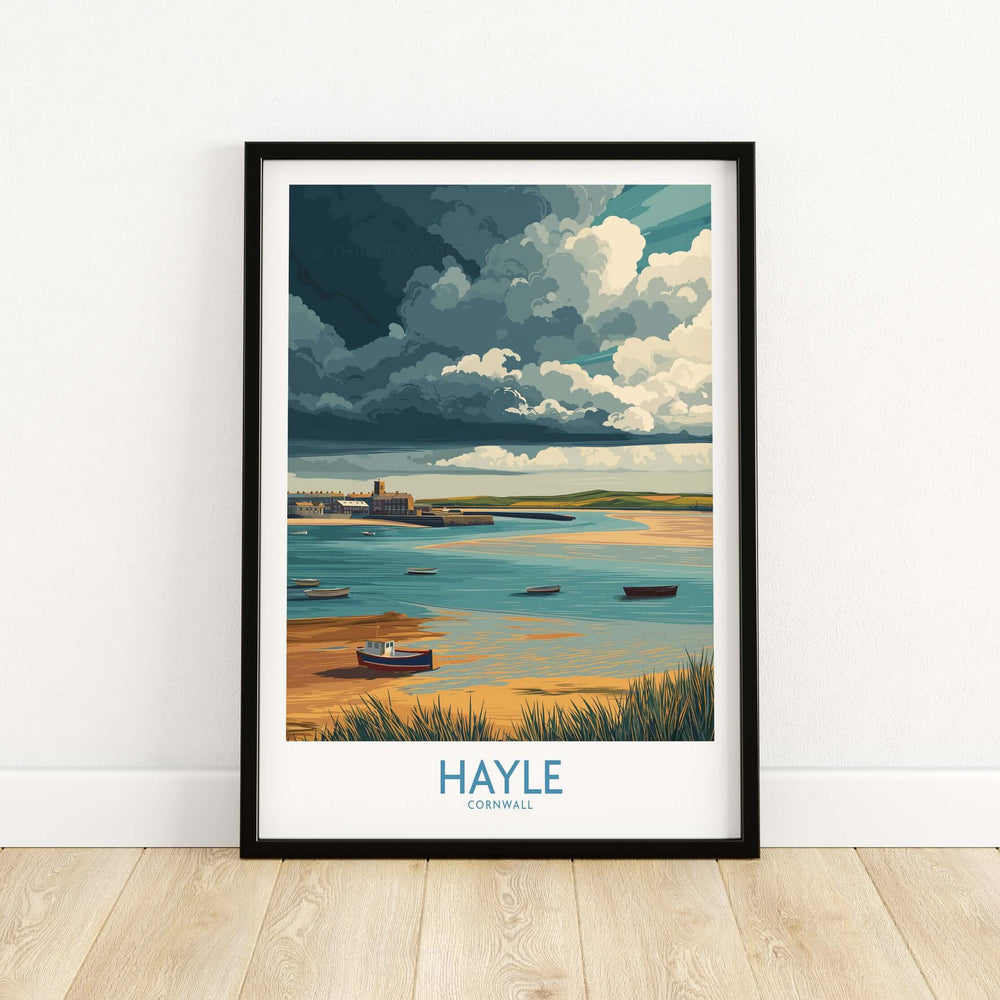 Hayle Cornwall seascape poster featuring stormy skies and boats on the beach, perfect for travel decor.