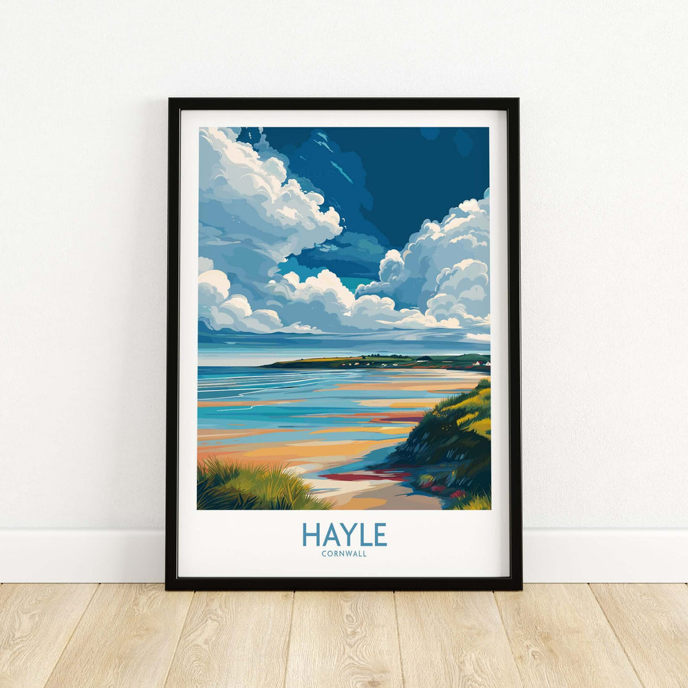 Framed Hayle wall art showcasing Cornwall's beaches, clouds, and ocean in vibrant colors.
