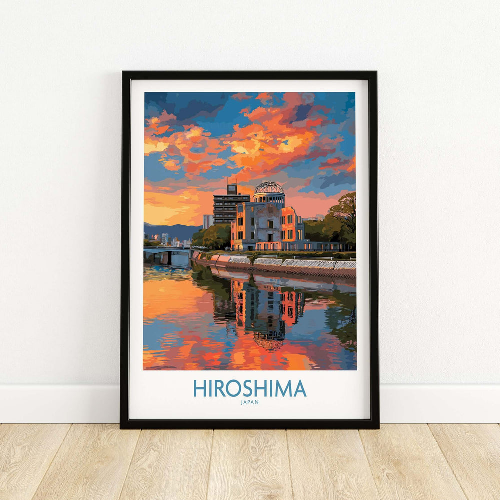 Hiroshima Japan print showcasing a sunset cityscape with vibrant colors reflecting on water.